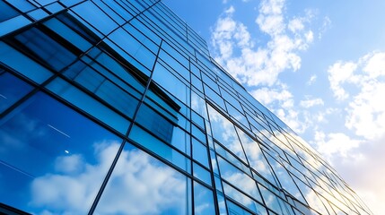 Aufkleber - Modern office building with striking glass facade reflecting the blue sky and clouds : Generative AI