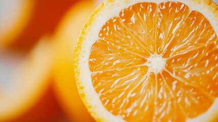 Poster - Juicy orange half showcasing intricate texture and vibrant color against blurred orange background : Generative AI