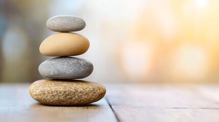 Poster - Stacked Pebbles Arranged Artistically on a Wooden Surface with Soft Lighting : Generative AI