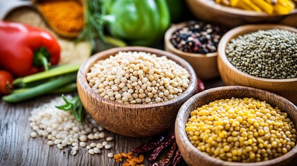 Poster - Colorful assortment of various spices and grains arranged in wooden bowls on rustic table : Generative AI