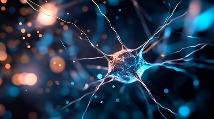 Leinwandbilder - Colorful Neuron Cell with Electric Signals and Bright Particles : Generative AI