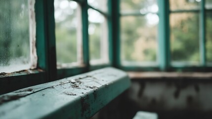 Aufkleber - CloseUp of a Weathered Bench Surrounded by Vintage Green Windows in Abandoned Place : Generative AI