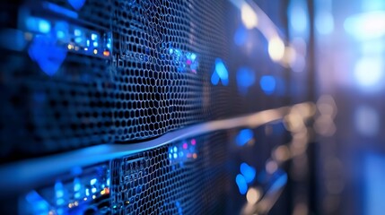 Fototapete - Hightech data server with blue lights glowing in modern data center showcasing advanced technology : Generative AI