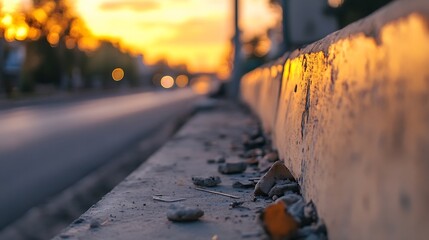 Fototapete - Urban sunset picture featuring a textured concrete barrier with fallen debris in warm light : Generative AI