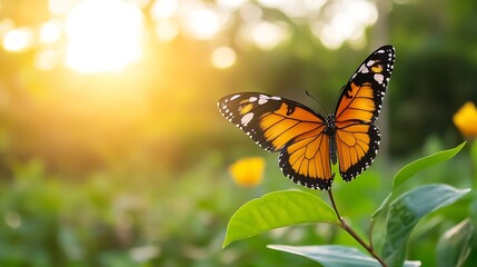 Poster - Bright orange butterfly resting on green leaves with sunlight shining in the background : Generative AI