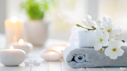 Aufkleber - Soft Relaxing Spa Arrangement with Candles Flowers and Towels for Serene Vibes : Generative AI