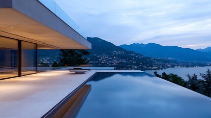 Aufkleber - Stunning modern villa with infinity pool and breathtaking mountain view at twilight : Generative AI