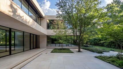 Aufkleber - Modern architectural masterpiece featuring glass walls and lush greenery surrounding a tranquil outdoor space : Generative AI