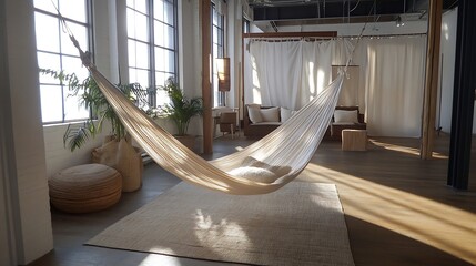 Poster - Stylish indoor hammock in modern living room with natural light and cozy decor : Generative AI