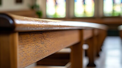 Aufkleber - Close Up of Polished Wooden Church Bench with Colorful Stained Glass Background : Generative AI