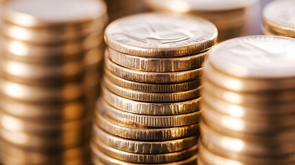 Aufkleber - CloseUp View of Stacked Gold Coins with Depth of Field Effect : Generative AI