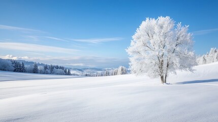 Aufkleber - Lonely snowcovered tree standing majestically in a bright winter landscape : Generative AI