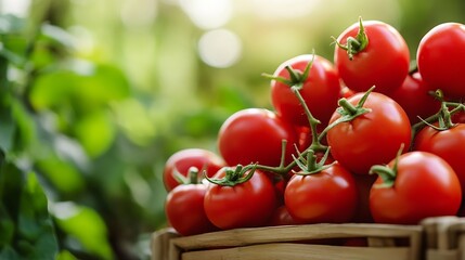 Poster - Fresh and plump organic tomatoes harvested from the garden in a wooden basket : Generative AI