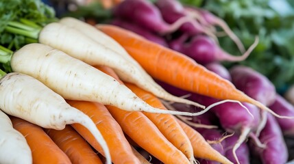 Poster - Fresh Organic Carrots of Different Colors Gathered Together on a Market Display : Generative AI