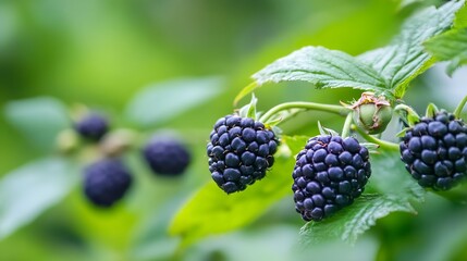 Poster - Close up of fresh blackberries hanging on a green vine with vibrant leaves in natural environment : Generative AI