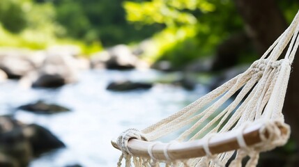 Poster - Relaxing Hammock by the Calm River Surrounded by Lush Greenery for Tranquil Outdoor Serenity : Generative AI