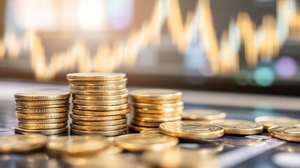 Aufkleber - Golden coins stacked on a table representing wealth and investment strategies with a market trend background : Generative AI