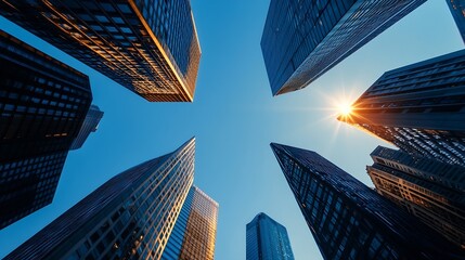 Poster - Modern city skyline with towering glass buildings reflecting sunlight against a clear blue sky : Generative AI