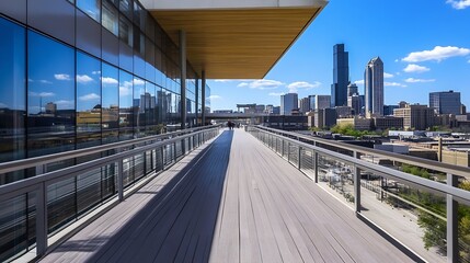 Aufkleber - Architectural marvel of a modern walkway with view of city skyline under a blue sky : Generative AI