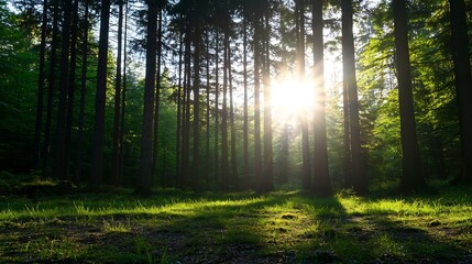 Aufkleber - Sunlight Streaming Through Tall Pine Trees Creating a Serene Forest Scene : Generative AI