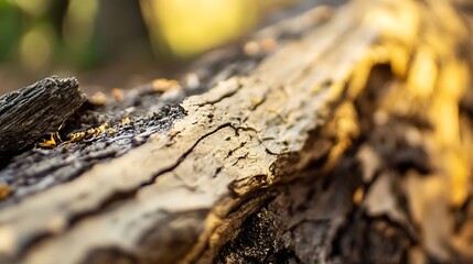 Poster - Close up of a textured wooden log with warm light highlighting its natural features : Generative AI