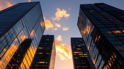 Poster - Stunning Urban Skyline with Modern Glass Buildings Reflecting a Colorful Sunset : Generative AI