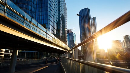 Poster - Urban Sunset Reflection in Modern Cityscape Glass Buildings with Bright Sunlight : Generative AI