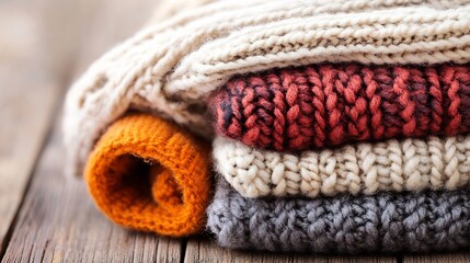 Poster - Cozy Knitted Sweaters Stacked Neatly on Wooden Surface for Winter and Fall Fashion : Generative AI