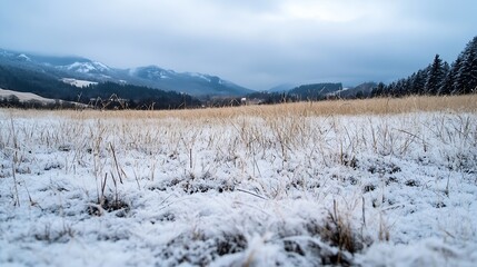Aufkleber - Winter landscape featuring a field covered in fresh snow with mountains in the background : Generative AI