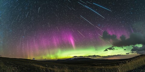 aurora lights mixed with meteor showers streaking across the sky.