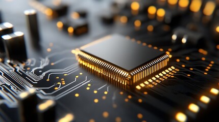 Leinwandbilder - Close-Up of a Modern Microchip with Reflective Gold Contacts on a Circuit Board : Generative AI