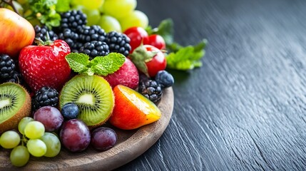 Poster - Vibrant display of assorted juicy fruits arranged on a wooden table with a rustic feel : Generative AI