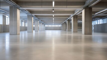 Poster - Spacious contemporary parking lot with concrete pillars and bright overhead lights : Generative AI