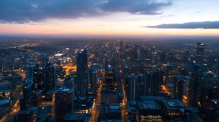 Wall Mural - Stunning aerial view of a vibrant city skyline at dusk with illuminated buildings and a colorful sky : Generative AI