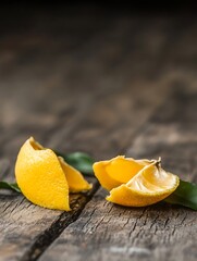 Aufkleber - Close up of split lemon halves on rustic wooden table with green leaves for fresh food photos : Generative AI