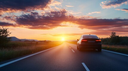 Aufkleber - Silhouetted Car Driving Towards a Vibrant Sunset on an Open Road : Generative AI