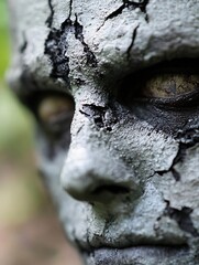 Poster - Closeup of a cracked and weathered face sculpture revealing hauntingly beautiful textures and details : Generative AI