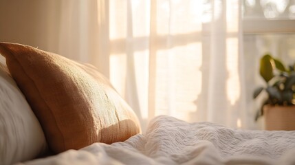 Poster - Cozy Bedroom with Warm Morning Light Streaming Through Sheer Curtains and Soft Pillow : Generative AI