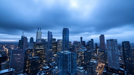 Poster - Dramatic skyline of a bustling cityscape illuminated at dusk with skyscrapers under a cloudy blue sky : Generative AI