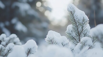 Aufkleber - Closeup of snowcovered pine branches surrounded by winter light creating a peaceful and tranquil atmosphere : Generative AI