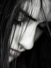 Poster - Intimate monochrome portrait of a young woman with cascading hair captured in soft light : Generative AI