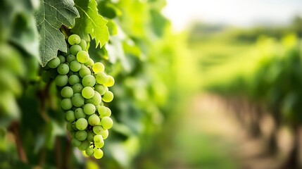 Poster - Cluster of fresh green grapes hanging from a vine surrounded by lush vineyard scenery : Generative AI