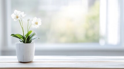 Leinwandbilder - Beautiful White Orchid Flower in Decorative Pot on a Wooden Table by the Window : Generative AI
