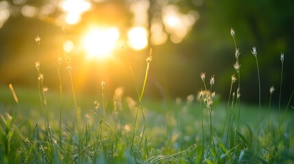 Aufkleber - Glowing sunset capturing the beauty of wildflowers and grass illuminated by golden light in nature : Generative AI