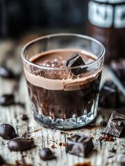Aufkleber - Delicious rich chocolate dessert served in a clear glass showcasing intense cocoa flavor and tempting chocolate chunks : Generative AI