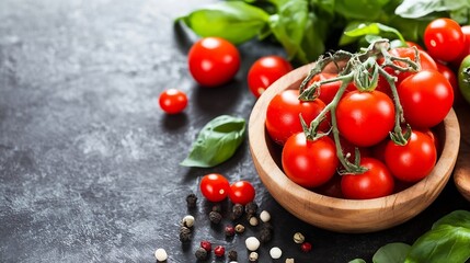 Poster - Fresh Red Tomatoes Arranged in a Wooden Bowl Surrounded by Green Herbs and Spices : Generative AI