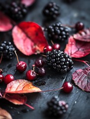 Poster - Fresh ripe blackberries and colorful fall leaves arranged on a dark wooden table : Generative AI