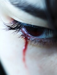 Aufkleber - A closeup shot of a crying eye with a tear of blood emphasizing emotional pain and intensity : Generative AI