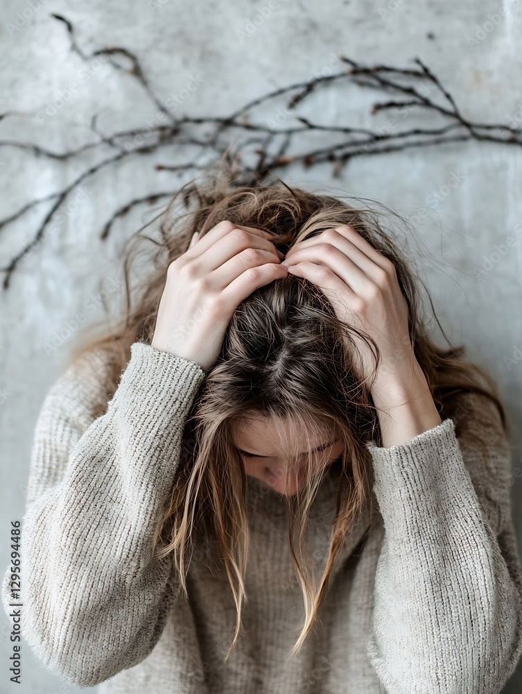 Stressed young woman with disheveled hair holding her head in despair ...