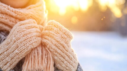 Poster - Stylish Warm Hands in Cozy Knitted Scarf with Sunshine and Snow Background in Winter : Generative AI